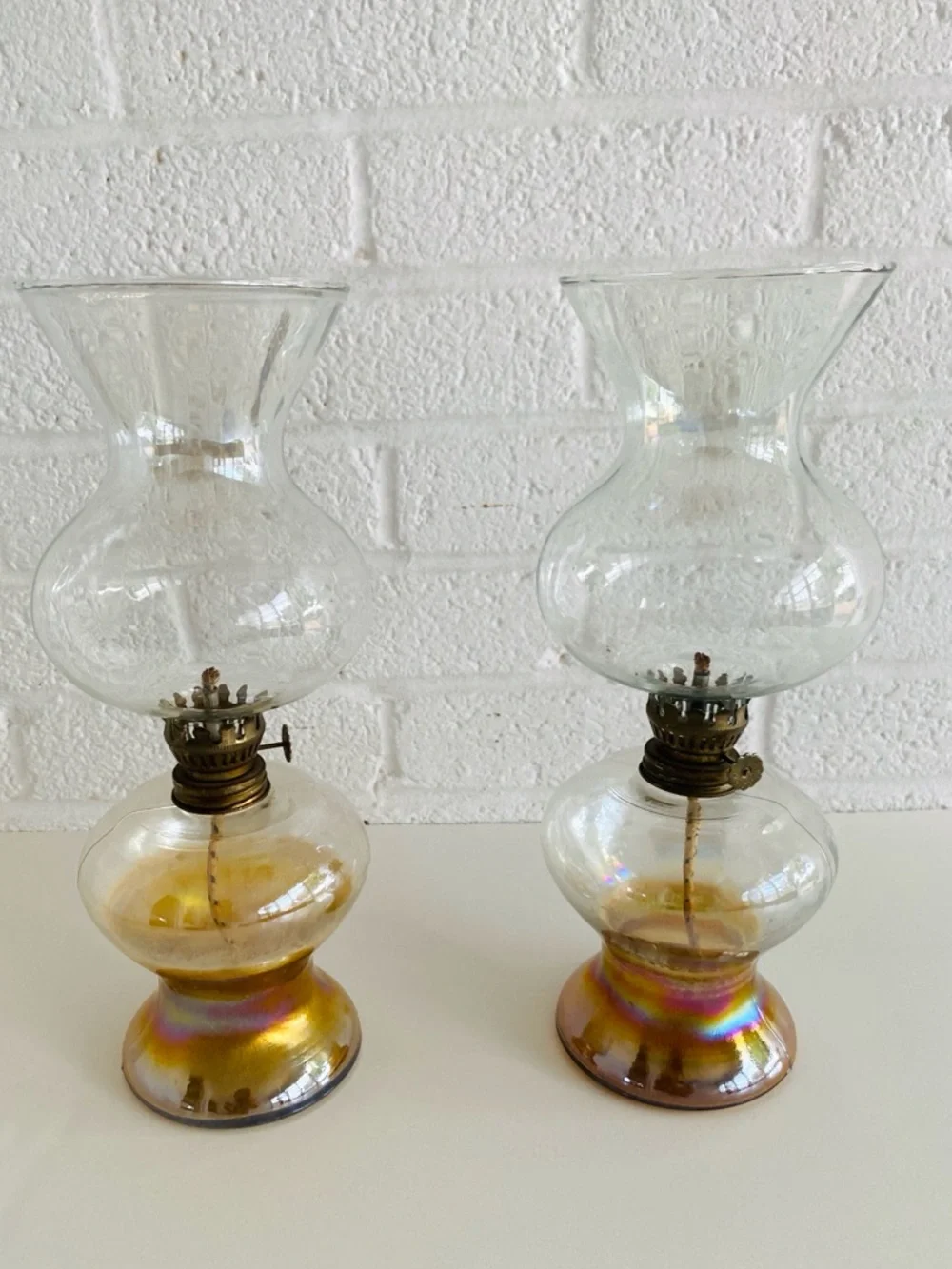 Pair of Vintage Iridescent Glass Oil Hurricane Lamps
